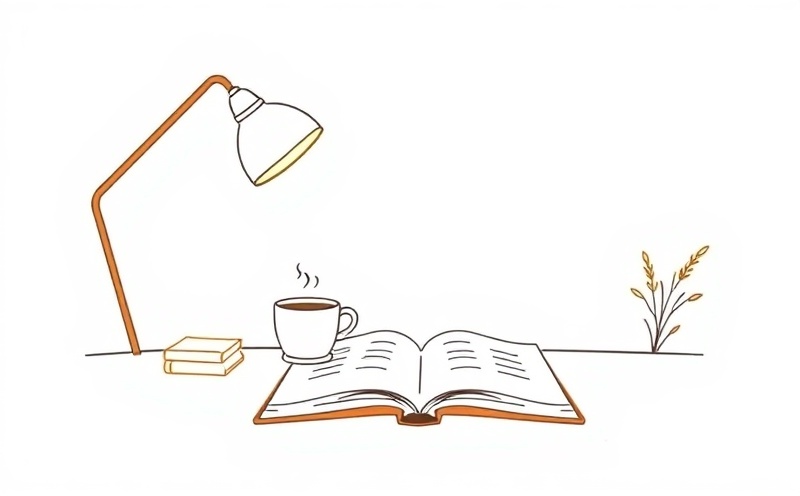 Cozy study corner with warm lamp, steaming coffee cup, and open book — calm and inviting