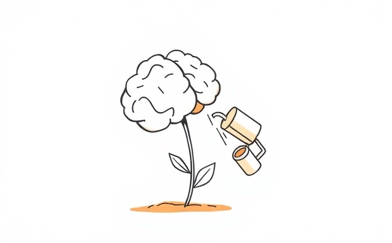 Tired brain illustrated as wilting flower being watered back to bloom with a small watering can
