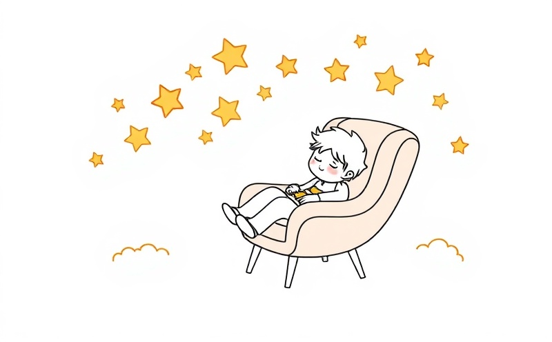 Student sleeping peacefully in a cozy chair surrounded by floating glowing stars and soft clouds