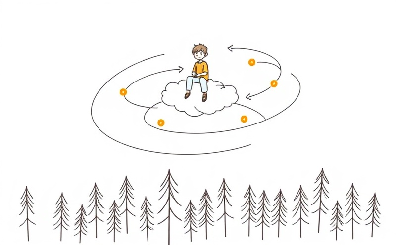 Student floating peacefully on a cloud above a forest with small glowing fireflies orbiting in spiral paths