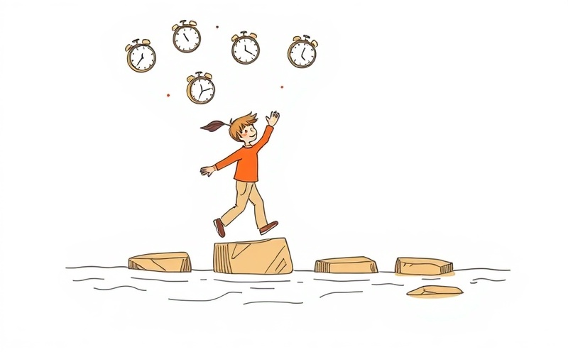 ADHD student managing time by walking across stepping stones representing study tasks while juggling clocks toward a finish line