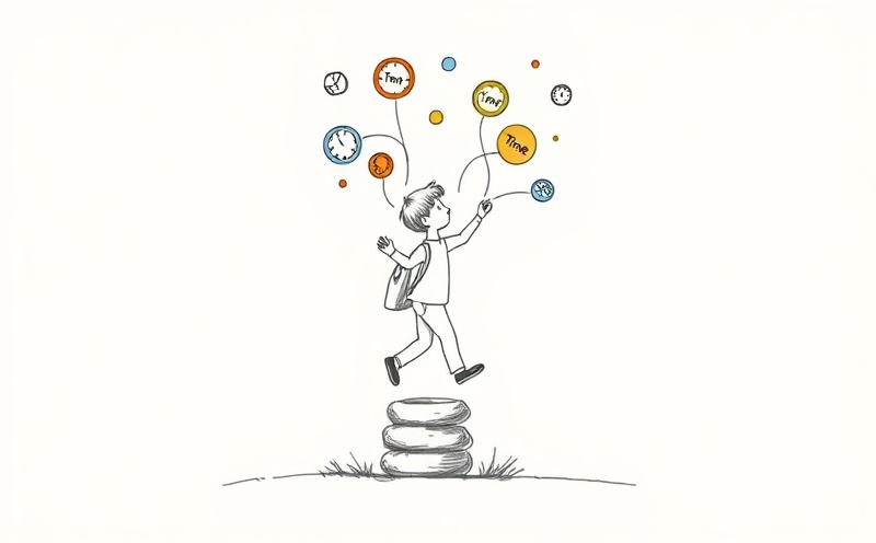 ADHD student managing time effectively using visual stepping stones and floating time management bubbles
