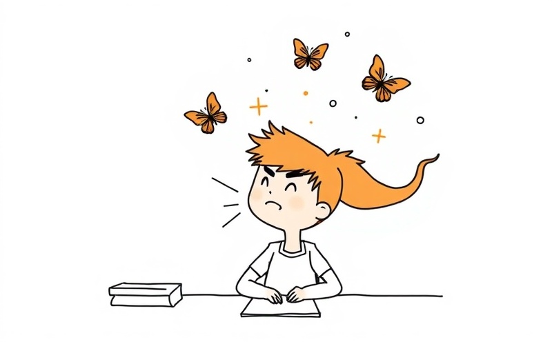 Anxious student in exam setting with stress monster looming while their knowledge escapes as frightened butterflies