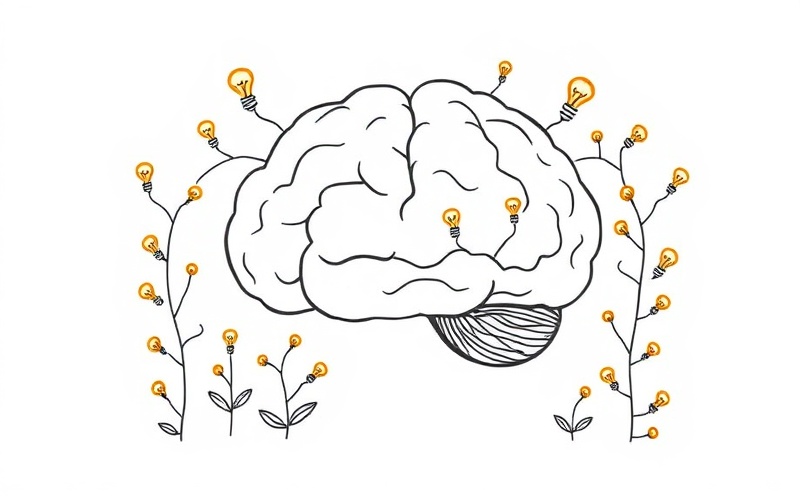 Brain illustrated as a flourishing garden with neural pathways as growing vines and lightbulb flowers representing habit formation