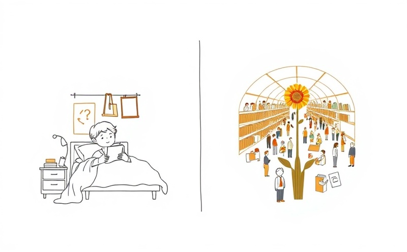 Comparison of a student as a wilting plant in isolation versus blooming like a sunflower when surrounded by others in a public study space