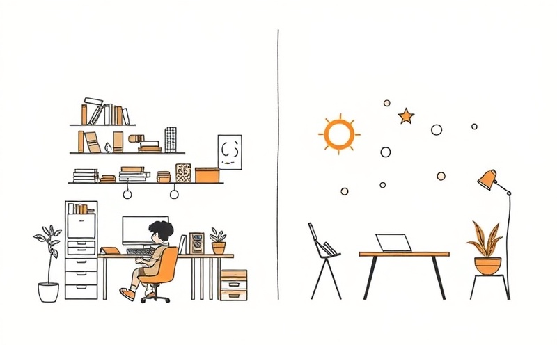 Comparison of chaotic study environment with struggling student and organized, distraction-free space with focused, successful student