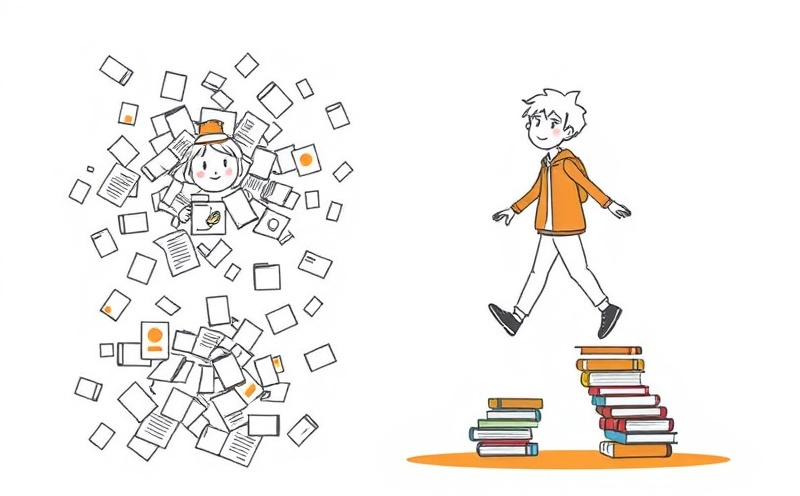 Comparison of disorganized student drowning in papers versus organized student walking on book stepping stones