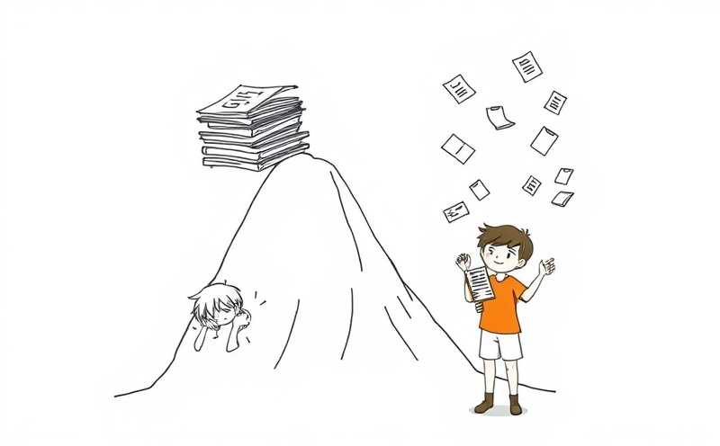 Comparison of overwhelmed student under paper mountain versus confident student with floating manageable test papers