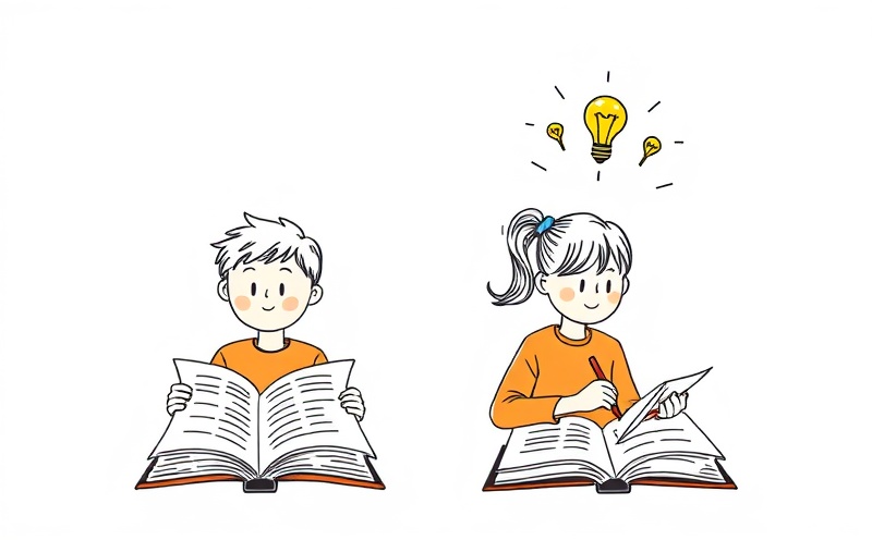 Comparison of quantity-focused student highlighting everything versus quality-focused student taking strategic notes with ideas illuminating
