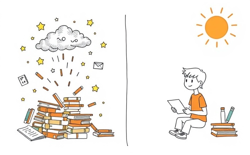 Comparison of stressed student with chaotic study materials under storm clouds versus organized student in bright, peaceful environment