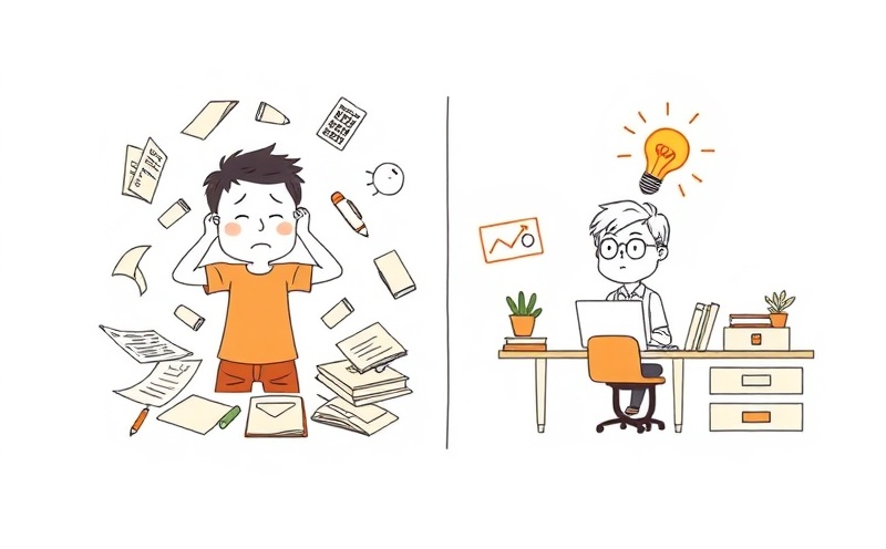 Comparison of stressed student with messy desk versus focused student with organized workspace