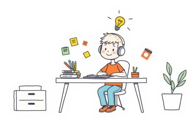 Confident ADHD student at well-organized study desk with supportive tools and glowing brain lightbulb representing academic success