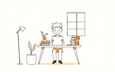 Confident student at well-organized study space with books, plant, and natural lighting representing a successful study routine