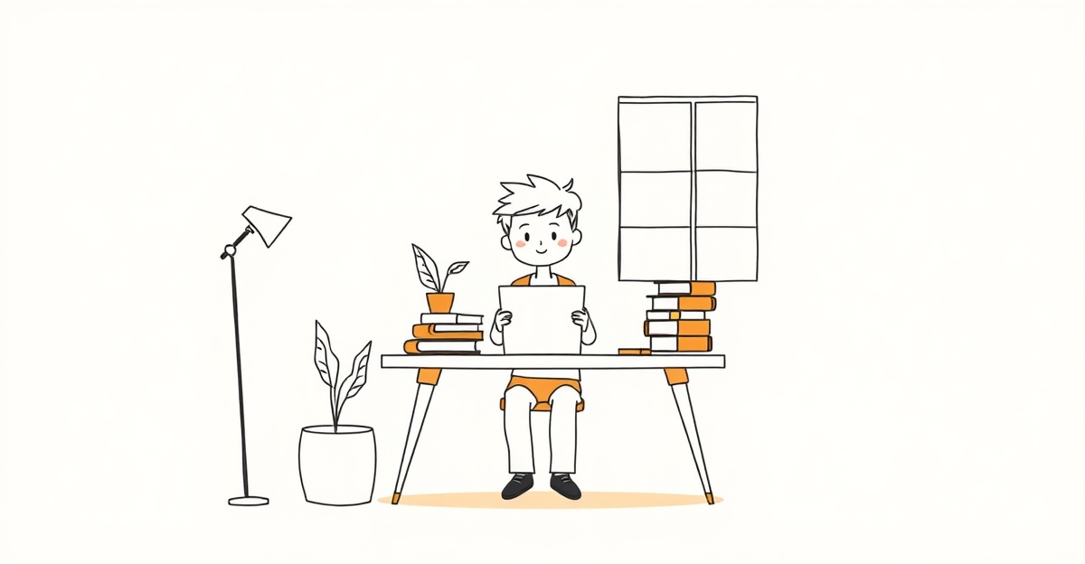 Confident student at well-organized study space with books, plant, and natural lighting representing a successful study routine