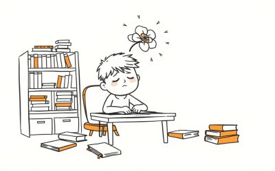 Mentally exhausted student at desk with wilting brain flower showing mental fatigue while studying