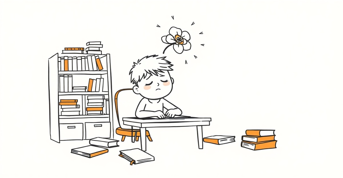 Mentally exhausted student at desk with wilting brain flower showing mental fatigue while studying