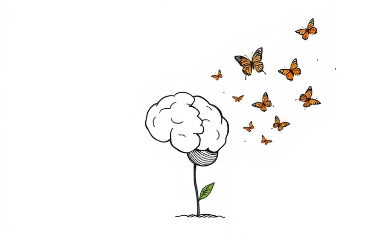 Metaphorical representation of how fatigue impairs learning with wilting brain and escaping information