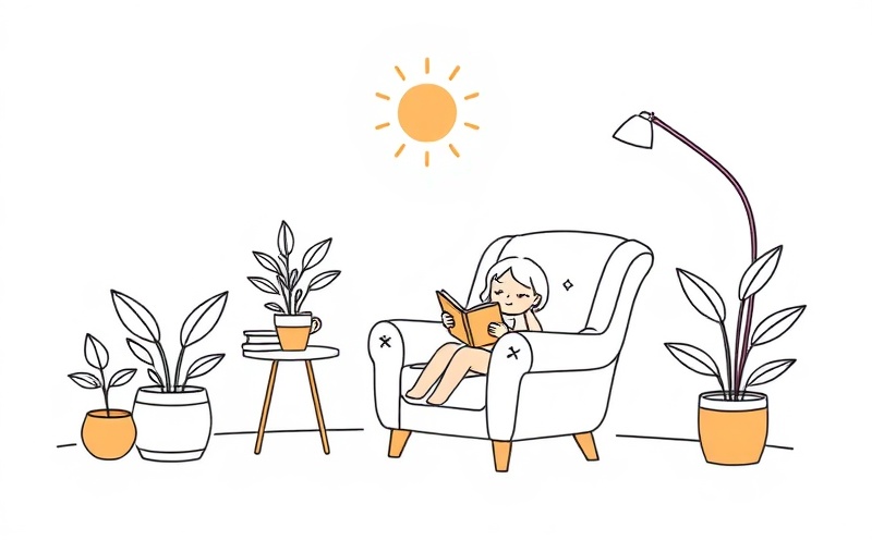 Optimized study environment with warm lighting, plants, and comfortable seating