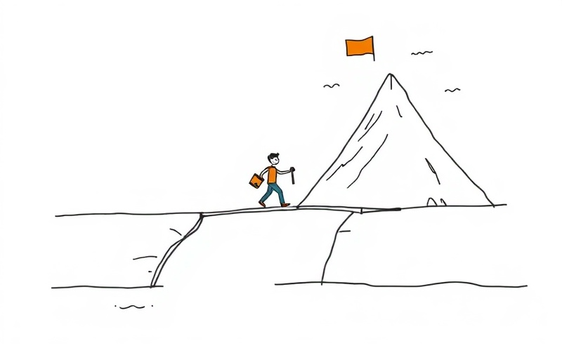 Person constructing a bridge between external motivation represented as an island and internal motivation shown as a mountain peak