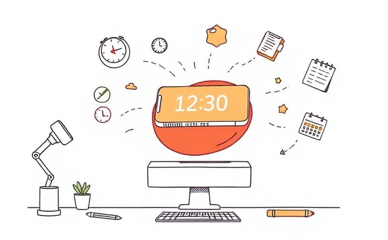 Phone morphing into tomato timer with productivity tools floating around it