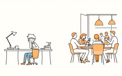Split comparison showing a person being unproductive alone at home versus being highly productive in a public coffee shop with other people present