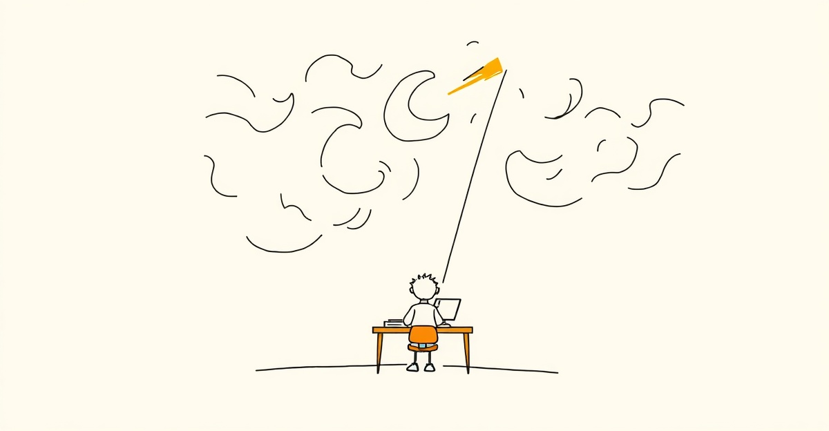 Student at desk reaching toward lighthouse beam through stormy clouds representing overcoming exam anxiety