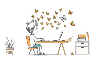 Student at organized desk with brain butterflies transforming from chaotic swarm to focused formation, representing ADHD study success