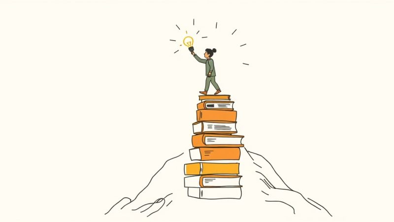 Student climbing mountain of textbooks with lightbulbs representing knowledge and understanding