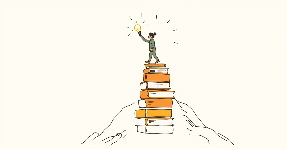 Student climbing mountain of textbooks with lightbulbs representing knowledge and understanding