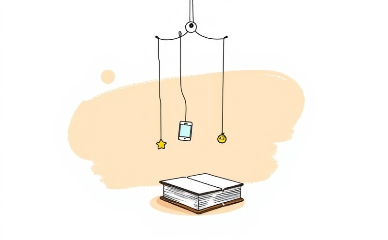 Student depicted as puppet controlled by smartphone addiction with academic materials scattered