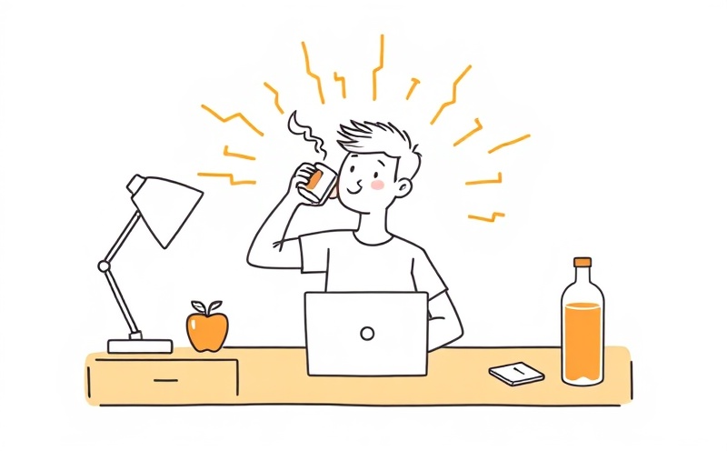 Student energizing with coffee, stretches, and healthy snacks before studying