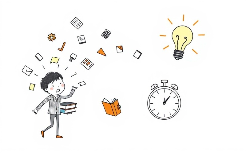 Student having last-minute breakthrough while cramming with books and time pressure