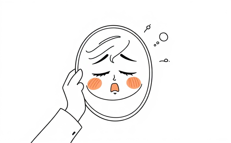 Student looking in mirror seeing signs of mental fatigue with tired eyes and foggy thoughts