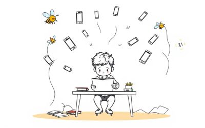 Student overwhelmed by phone distractions while trying to study, with books neglected on desk