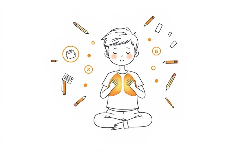 Student practicing deep breathing with glowing lungs and floating zen bubbles during test preparation