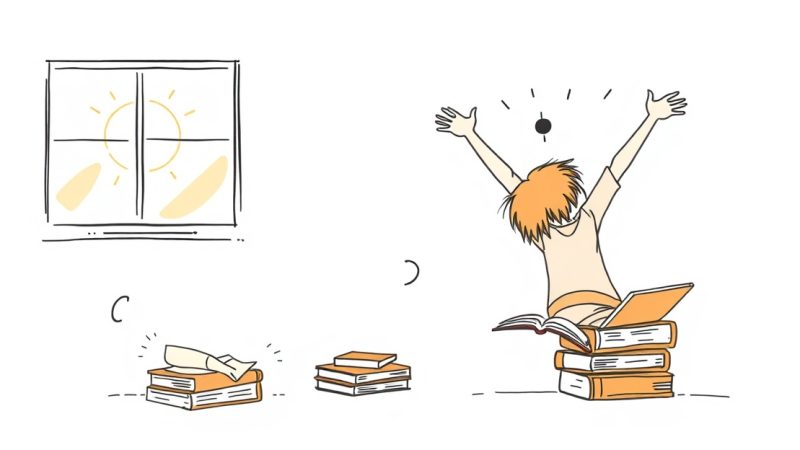 Student recovering from study burnout, transitioning from exhaustion to renewed energy