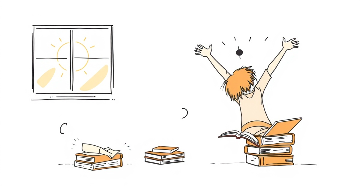 Student recovering from study burnout, transitioning from exhaustion to renewed energy