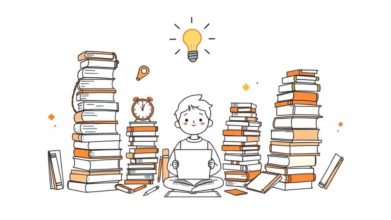 Student surrounded by books with determination and inspiration for last-minute finals preparation