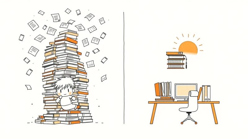 Student transitioning from chaotic study environment to peaceful organized workspace