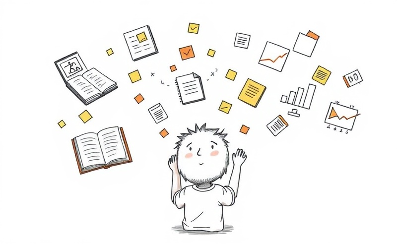 Student using active learning techniques with interactive books and colorful notes floating around