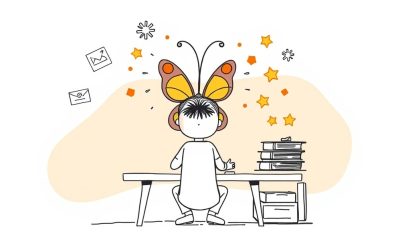 Student with ADHD successfully focusing at study desk with organized materials and concentrated attention beam