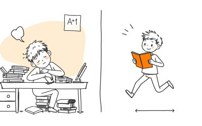 Tired student at desk contrasted with energetic student doing active study techniques
