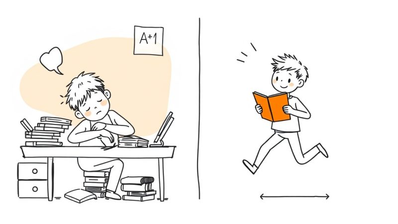 Tired student at desk contrasted with energetic student doing active study techniques