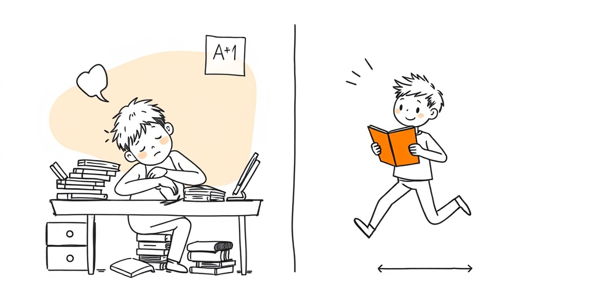 Tired student at desk contrasted with energetic student doing active study techniques