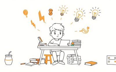 Tired student at desk with energy symbols transforming into inspiration, representing effective studying despite fatigue