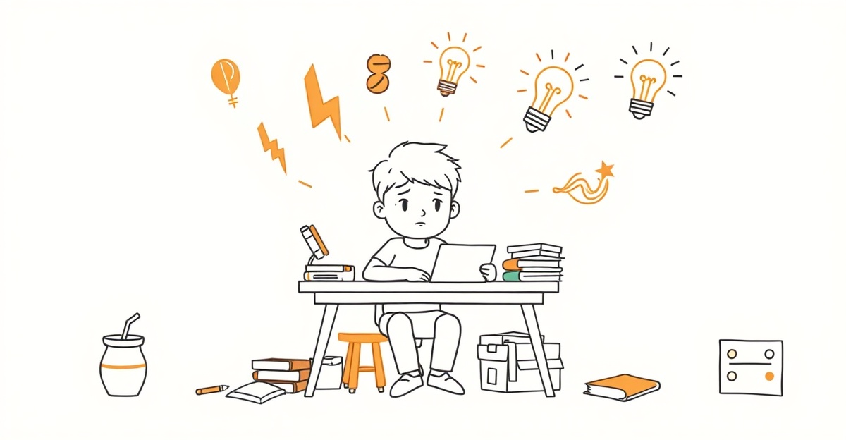Tired student at desk with energy symbols transforming into inspiration, representing effective studying despite fatigue