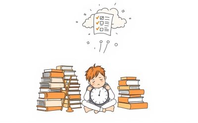 Tired student overwhelmed by books with failing grades overhead representing the paradox of studying hard but failing exams